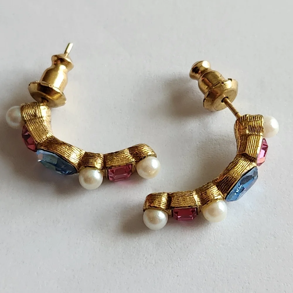 Multi Color Crystals and Faux Pearls Earrings, Gold Tone - Picture 3 of 4